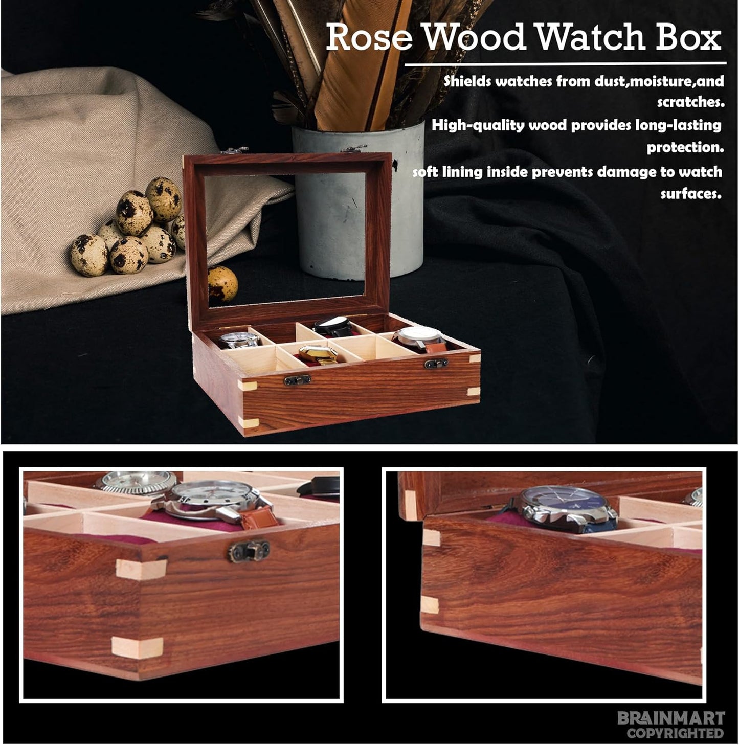 Wooden Watch Box for Men & Women, Watch Organizer & Display Case, Premium Long-Lasting Watch Holder for Storage, Elegant Gift for Watch Collectors (Glass Top, 8 Slots)