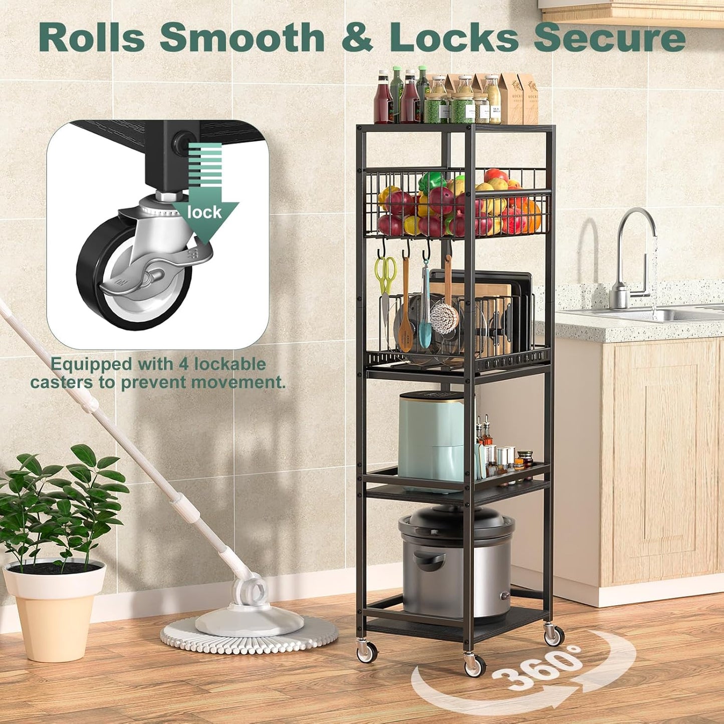 Housolution 5 Tier Kitchen Rolling Cart, Storage Cart with Metal Fruit Vegetable Basket and Pull-Out Pot Lid Cutting Board Organizer, Storage Rack with Wooden Top for Kitchen, Pantry, Bathroom