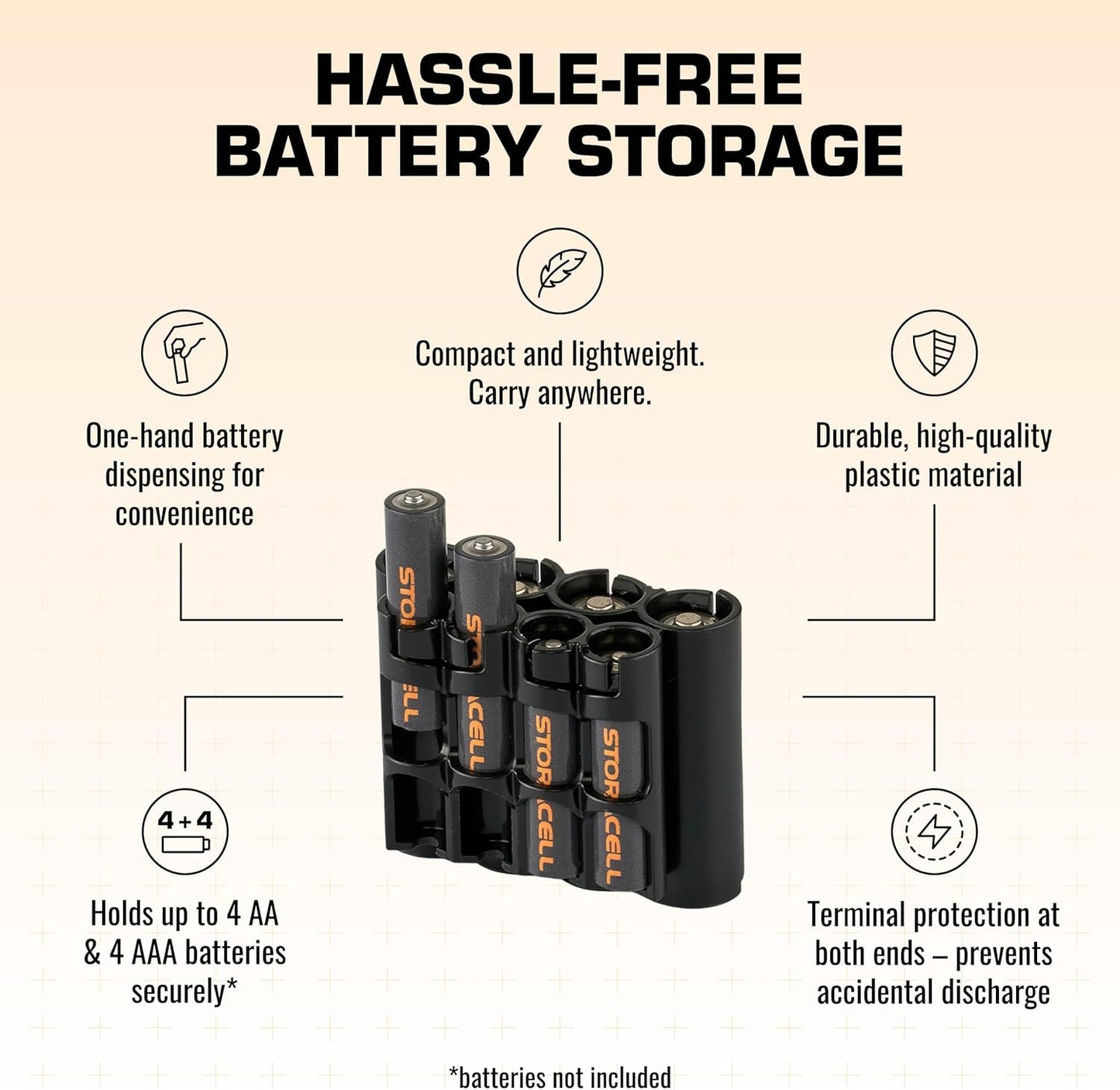 Storacell AA + AAA Combo Battery Storage Caddy and Dispenser, Black, Holds 4 AA + 4 AAA Batteries (Not Included), Durable & Compact Design, The Original Battery Caddy, Made in The USA
