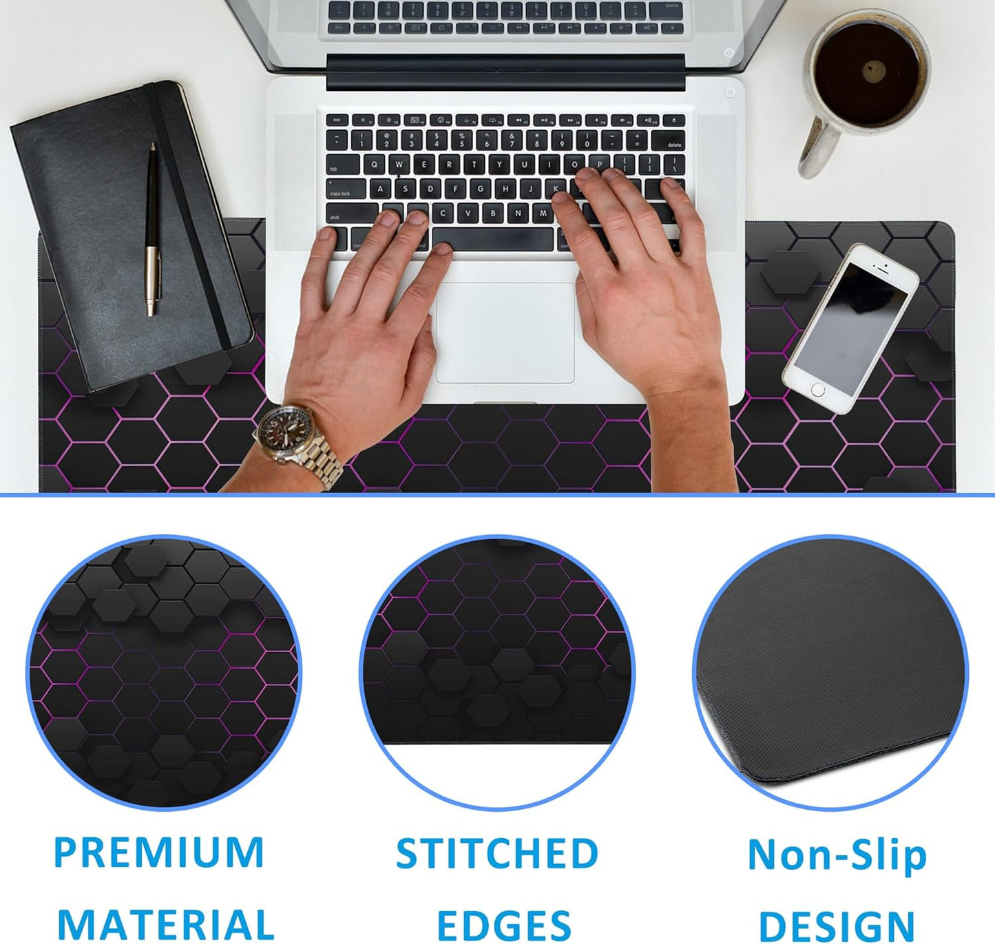 Grid with Purple Light Large Gaming Mouse Pad,Waterproof Desk Mat for Desktop,Non-Slip Rubber Base Mousepad with Stitched Edges for Laptop Office and Home 35.4X15.7 Inch