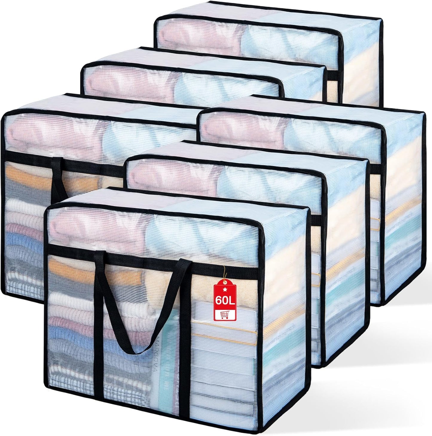 6 Pack Clear Blanket Storage Bags with Zipper, Vinyl Foldable Moving Bags Closet Organizers and Storage Containers for Bedding, Blankets, Comforters, Clothing, Toys, Quilt, Duvet, 60L