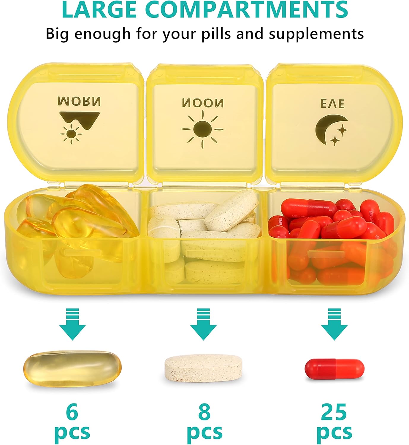 Pill Organizer 3 Times a Day, Fullicon Large Weekly Pill Case 7 Day, Daily Pill Box with 21 Compartments, Pill Dispenser Supplement Holder for Pills/Vitamin/Fish Oil - Multi-Colored