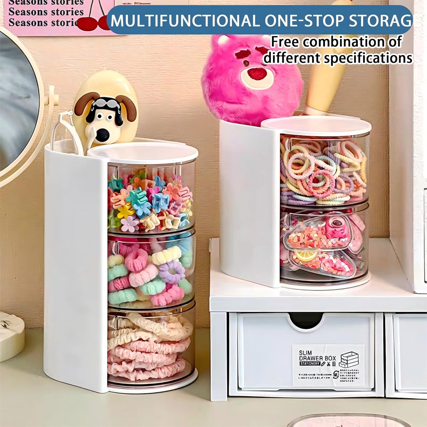 Hair Accessories Organizer with Hair Brush Holder, Rotatable Makeup Brush Holder for Necklaces, Earring, Bracelet, Ring, Makeup Brushes, Hair Clip and Hair Accessories (White, 2-Layer)