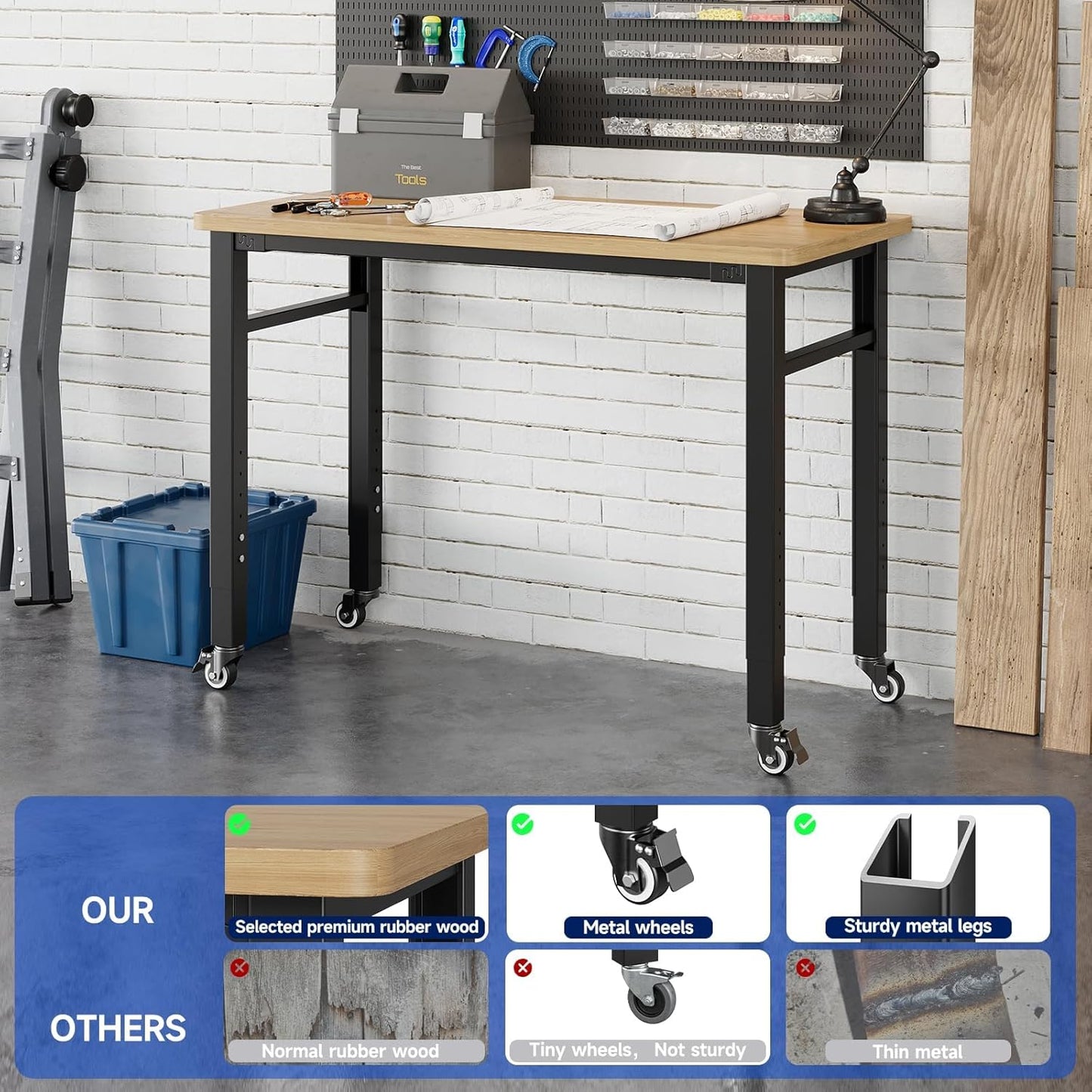 Yizosh 48" Adjustable Portable Workbench with Wheels, Rubber Wood Top, Heavy Duty 2000 LBS Load Capacity, Garage & Workshop Workbench with Storage