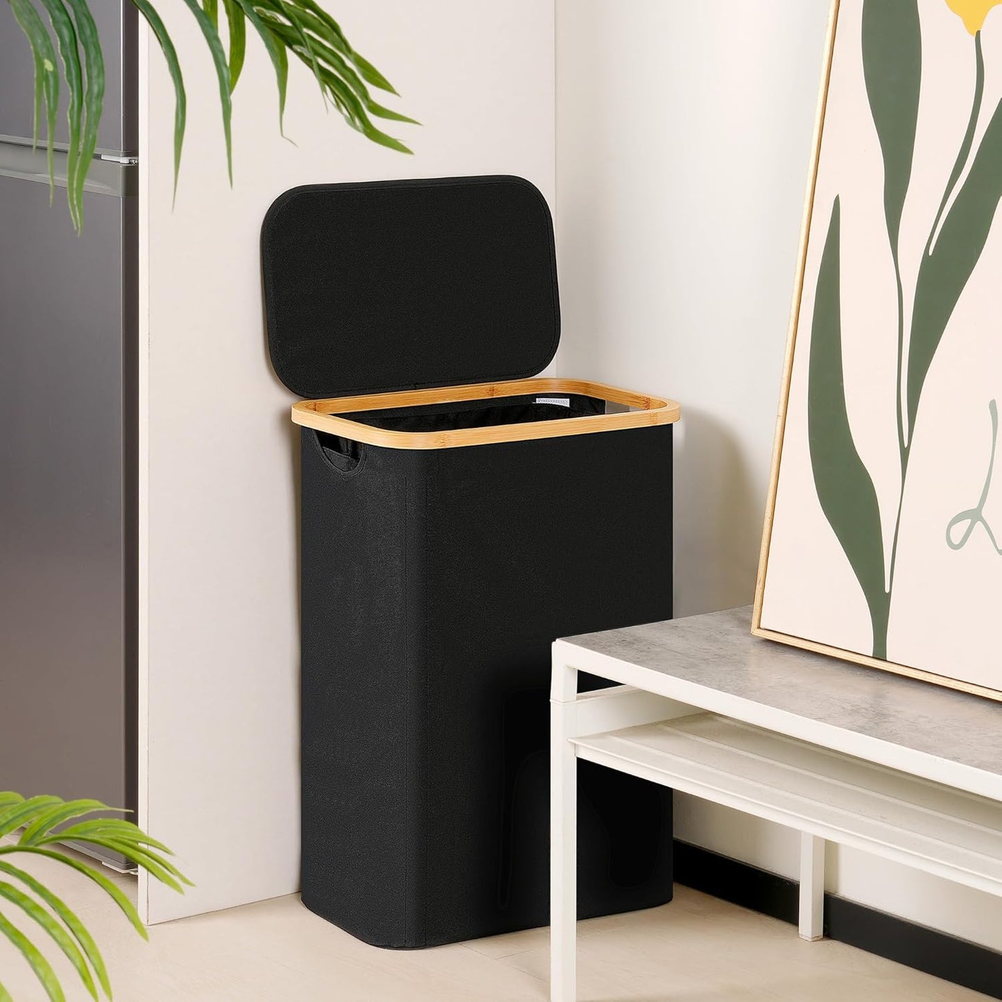 efluky Slim Laundry Basket with Lid, Narrow Laundry Hamper with Removable Bag, Skinny Dirty Clothes Basket with Bamboo Handles for Bathroom, Bedroom & Laundry Room, 65L Black
