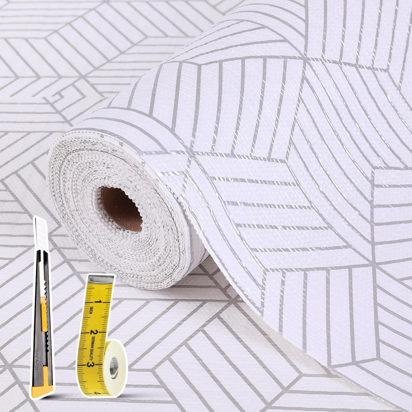 Shelf Liners for Kitchen Cabinets 12in x 30FT, Non Adhesive Cabinet Liner Strong Non-Slip Thickened Silver Geometric Easy to Clean for Shelf, Cabinet, Refrigerator with Knife and Tape Measure