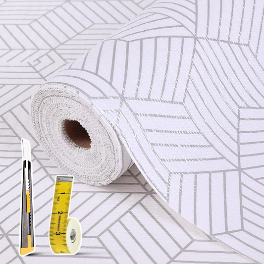 Shelf Liners for Kitchen Cabinets 12in x 10FT, Non Adhesive Cabinet Liner Strong Non-Slip Thickened Silver Geometric Easy to Clean for Shelf, Cabinet, Refrigerator with Knife and Tape Measure