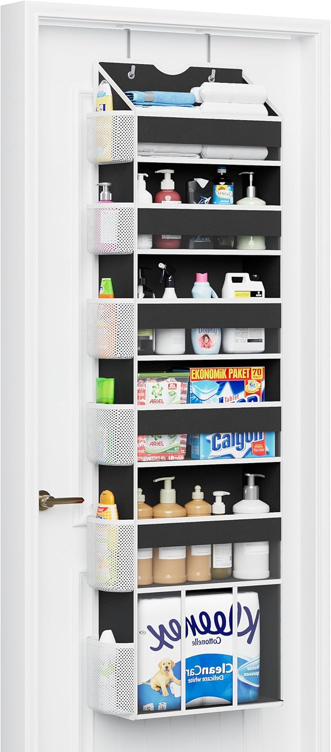 Over The Door Organizer Hanging 6-Shelf Storage Organizer with 50lb Heavy Duty Perfect for Bathroom Closet Nursery Bedroom Laundry Pantry (Black, 1 Pack)