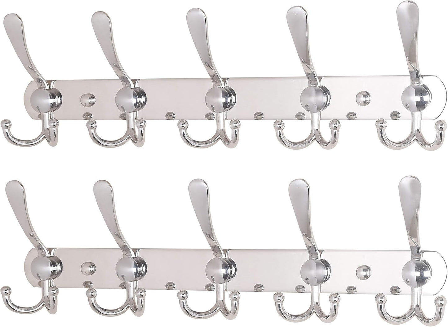 Dseap Wall Mounted Coat Rack - 5 Tri Hooks, Heavy Duty, Stainless Steel, Metal Coat Hook Rail for Coat Hat Towel Purse Robes Mudroom Bathroom Entryway (Chromed, 2 Packs)