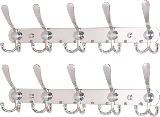 Dseap Wall Mounted Coat Rack - 5 Tri Hooks, Heavy Duty, Stainless Steel, Metal Coat Hook Rail for Coat Hat Towel Purse Robes Mudroom Bathroom Entryway (Chromed, 2 Packs)