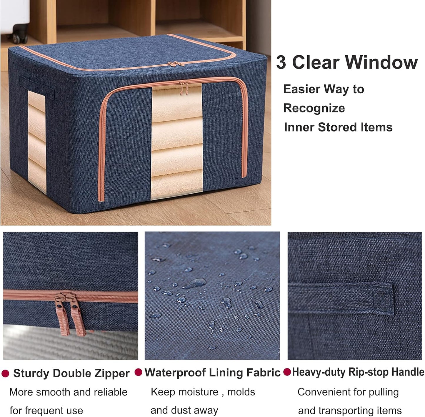 Large Storage Bags,Foldable Storage Bins with Hold Shape Metal Frame,Closet Organizer Containers with Zipper,Clear Window,Thick Fabric for Seasonal Clothing,Bedding (66L x 3 Pack)