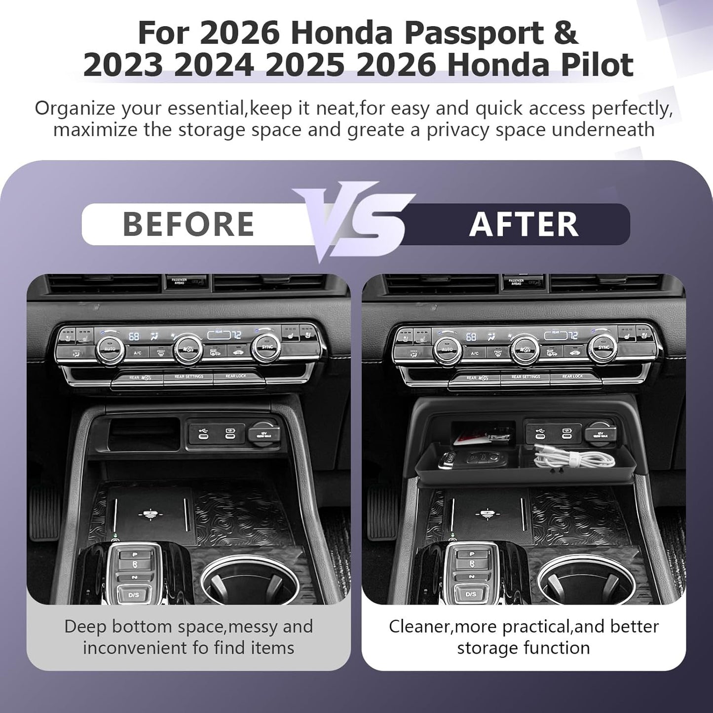 LUWU 2026 Honda Passport Accessories Compatible with 2023 2024 2025 2026 Pilot & 2026 Passport Center Console Organizer, Armrest Storage Box Tray Organizer Insert Tray 2025 Pilot Accessories Black