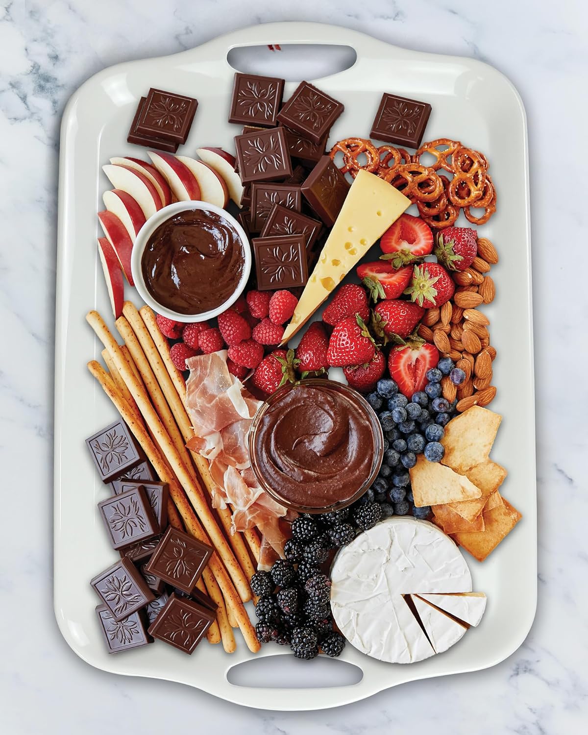 Large Melamine Serving Tray with Handles, 17.5 x 12 in Rectangular Melamine Serving Platter, Dishwasher Safe Trays for Eating, Appetizer, Charcuterie, Snack, Fruit, Desserts, Set of 2, White
