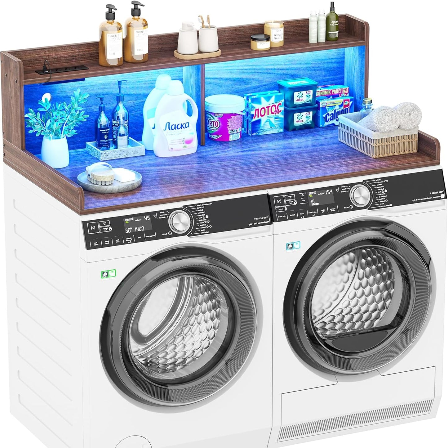 Aheaplus Washer and Dryer Countertop, 2-Tier Laundry Countertop Cover with LED Lights and Power Strip, Large Space Laundry Topper with Shelf for Laundry Room Organization, Brown