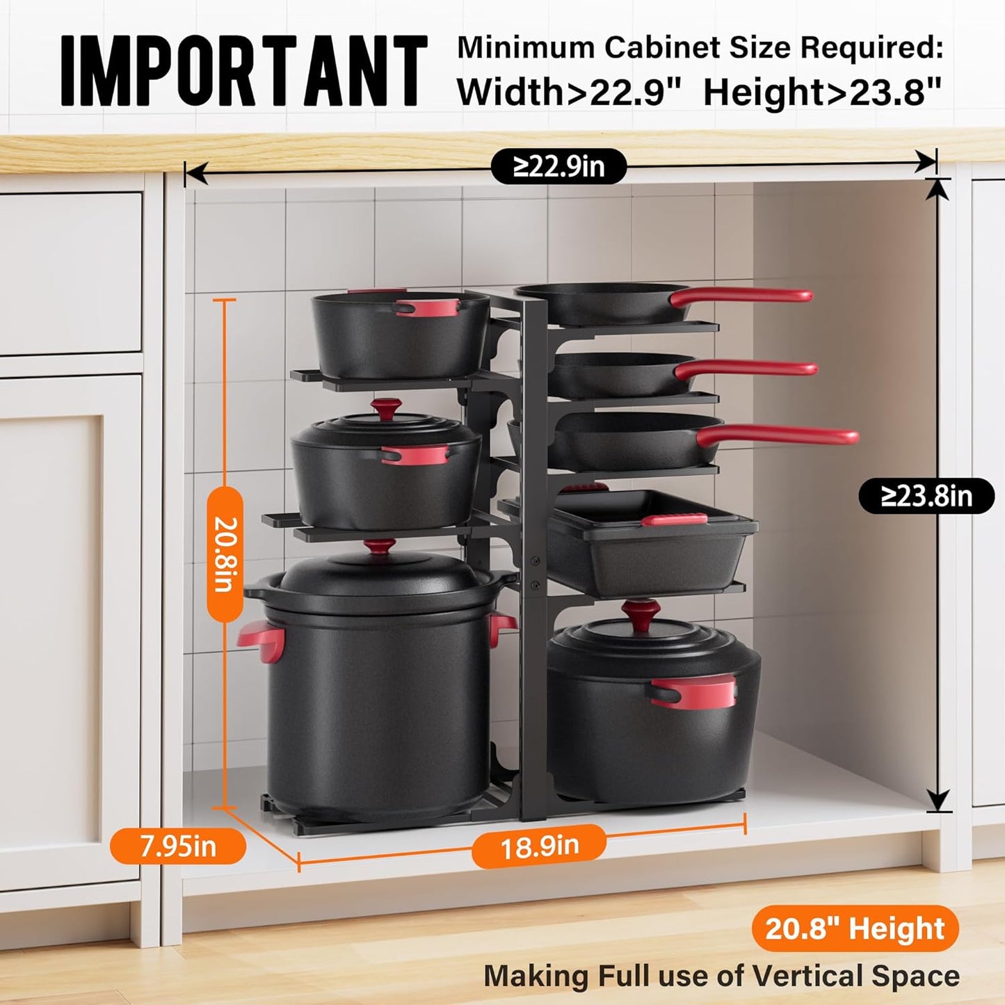 MUDEELA Pots and Pans Organizer under Cabinet 20.8" Height, Heavy Duty Adjustable Pot Pan Organizers inside Cabinet, 8-Tier Kitchen Cabinet Organizers and Storage for Big Stockpots, Heavy Cookware