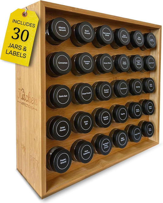 | Bamboo Spice Rack Organizer | 30 4 oz Spice Jars | 720 Labels | Funnel | Cabinet | Countertop | Pantry | Wall Mount