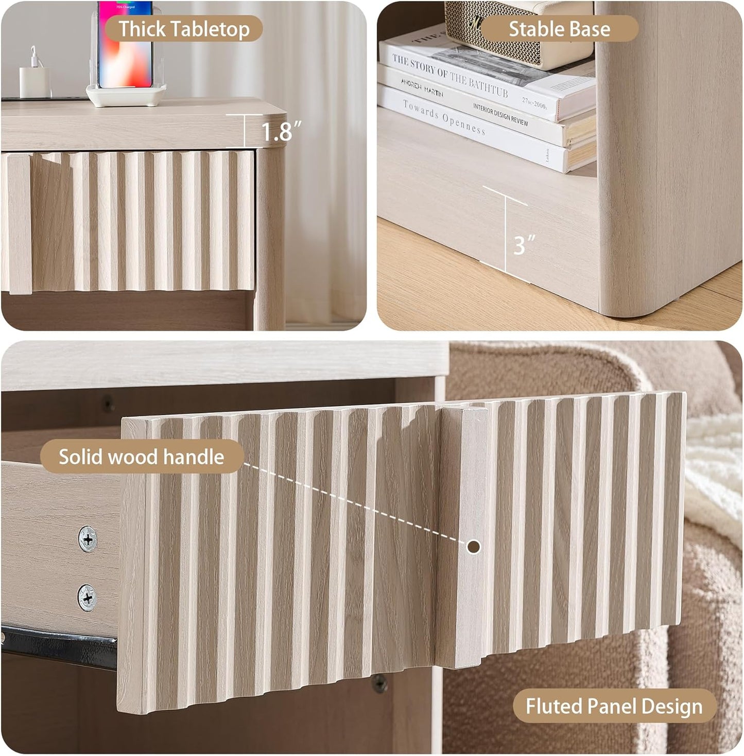 Fluted Nightstand with Charging Station, 23.6" End Table with Open Shelf and Drawers Storage, Bedside Table with Solid Wood Handle, Curved Profile Design, Night Stand for Bedroom