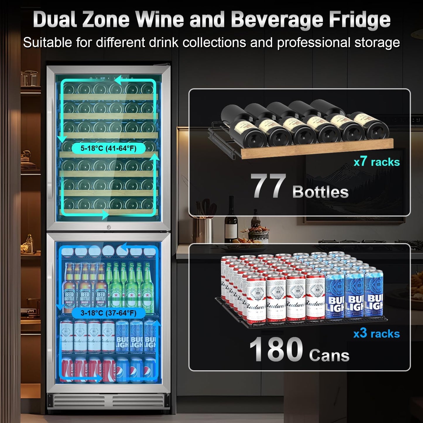 24 Inch Wide Wine and Beverage Refrigerator, 2 IN 1 Dual Zone Wine Cooler, Built-In/Freestanding Beverage Wine Fridge with Safety Lock, Low Noise and Fast Cooling Silver