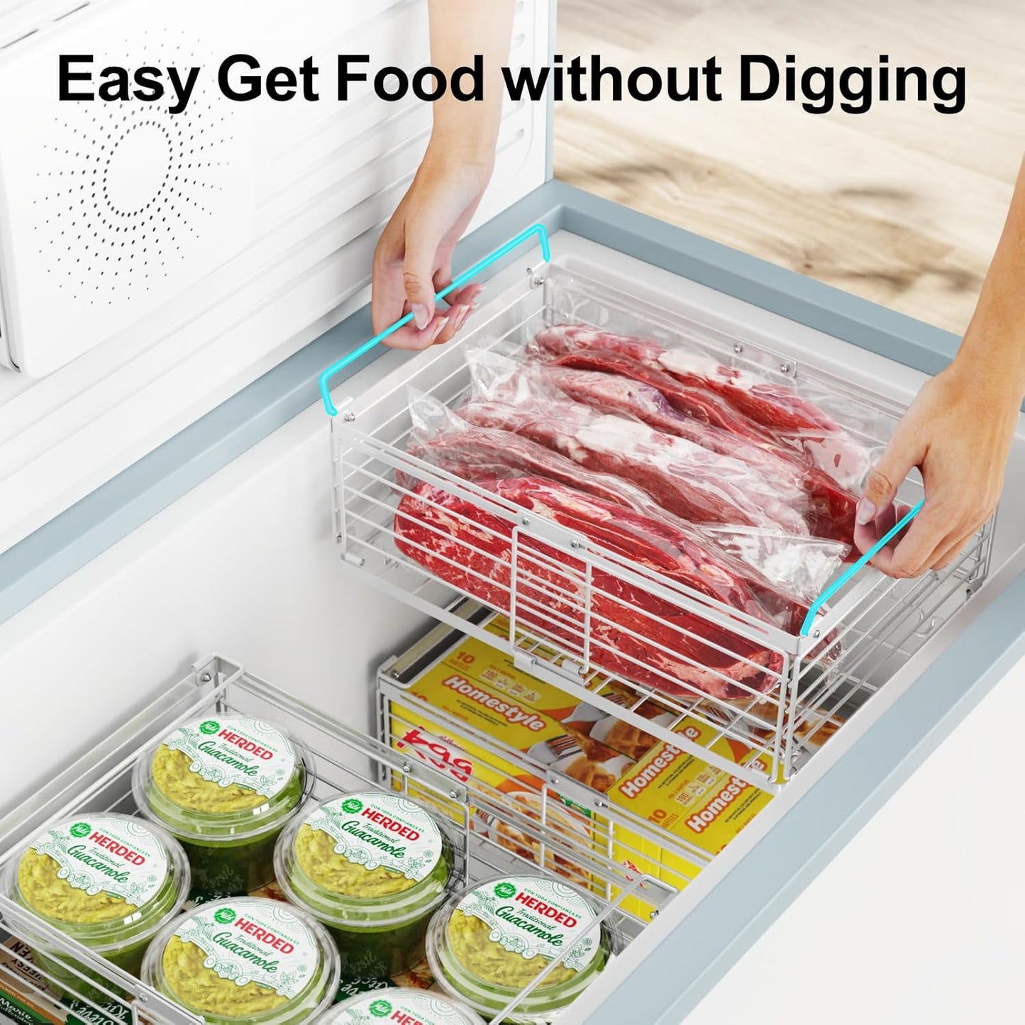 iSPECLE Freezer Organizer Bins - Fit 10 to 20 Cu.FT Deep Freezer, 8 Pack Large Expandable Stackable Chest Freezer Organizer Sort Frozen Food Easy to Get Food from Bottom without Digging, White