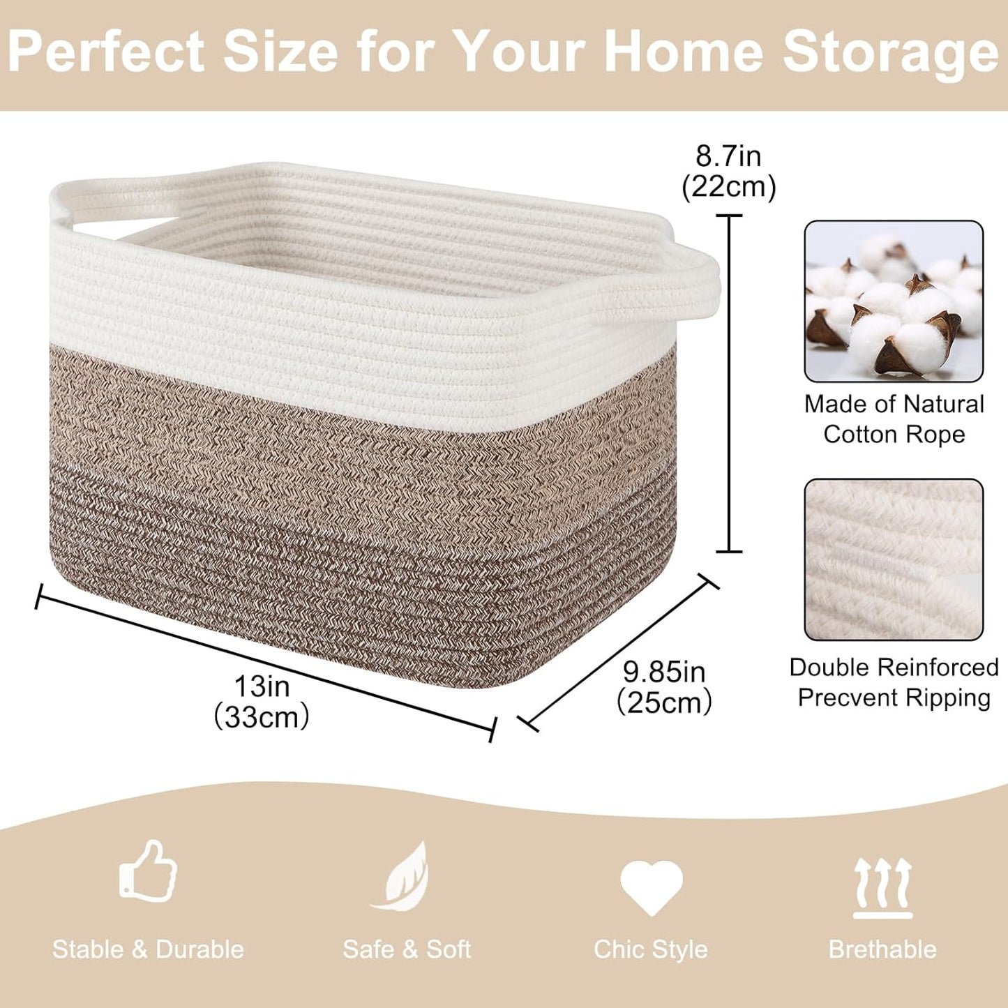 Storage Baskets for Organizing, Woven Baskets for Shelves, Rectangle Decorative Organizer for Storage Clothes, Toy, Books, Towels Nursery Bins 3 Pack (Gradient Dark Brown, 13"x9.85"x8.7")