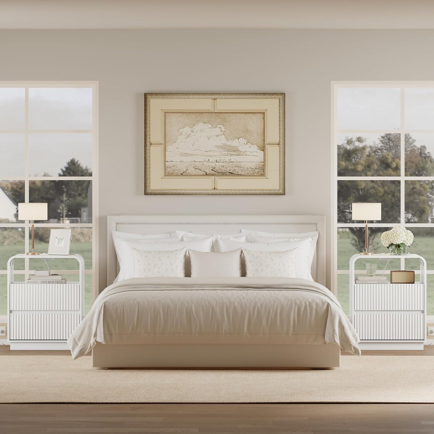 White Nightstands Set of 2 with Charging Station, Mid Century Modern End Tables & Bedside Tables, Fluted Wood Small Night Stands with 2 Hidden Drawers and Storage Shelf for Bedroom