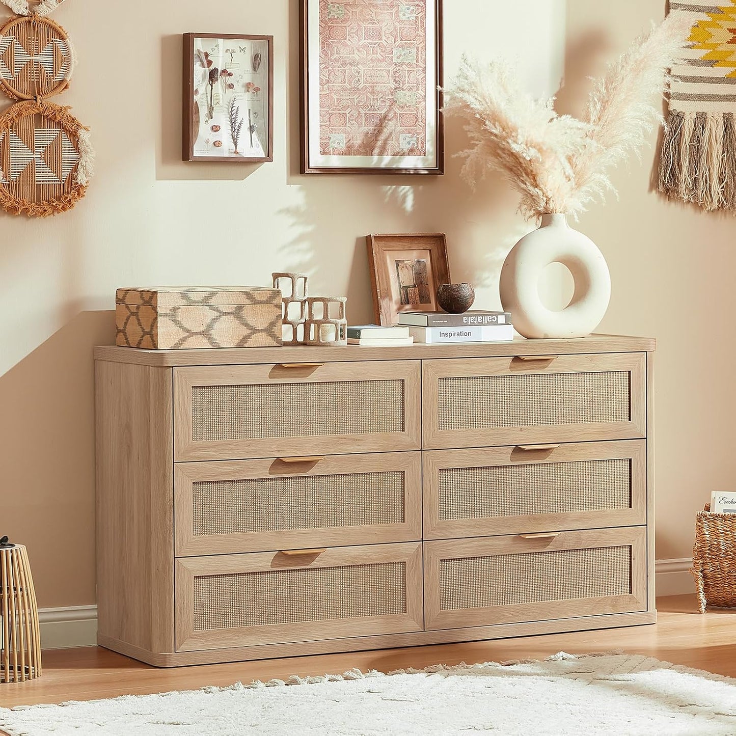 LEYAOYAO Rattan 6 Drawer Dresser for Bedroom, Boho 54" Wide Natural Wood Dresser Chest of Drawers, Dressers TV Stand with Metal Handle, Storage Dressers Closet Organizer for Living Room, Hallway
