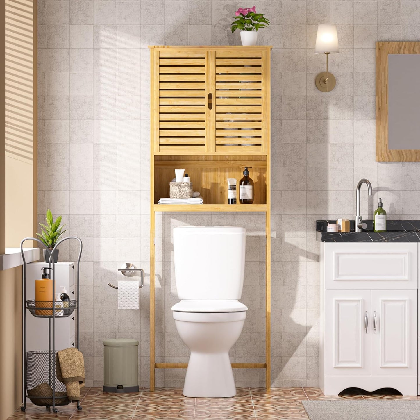 BlueWish Bamboo Over The Toilet Storage Cabinet, Over Toilet Cabinet with Anti-toppling Design, Adjustable Slats, Over-The-Toilet Storages, Bathroom Storage Cabinets for Bathroom, Laundry