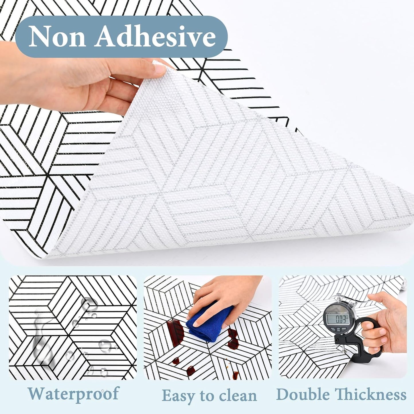 Shelf Liners for Kitchen Cabinets 17in x 20FT, Non Adhesive Cabinet Liner Strong Non-Slip Thickened Black White Geometric Drawer Liner, Easy to Clean for Shelf, Cabinet with Knife and Tape Measure