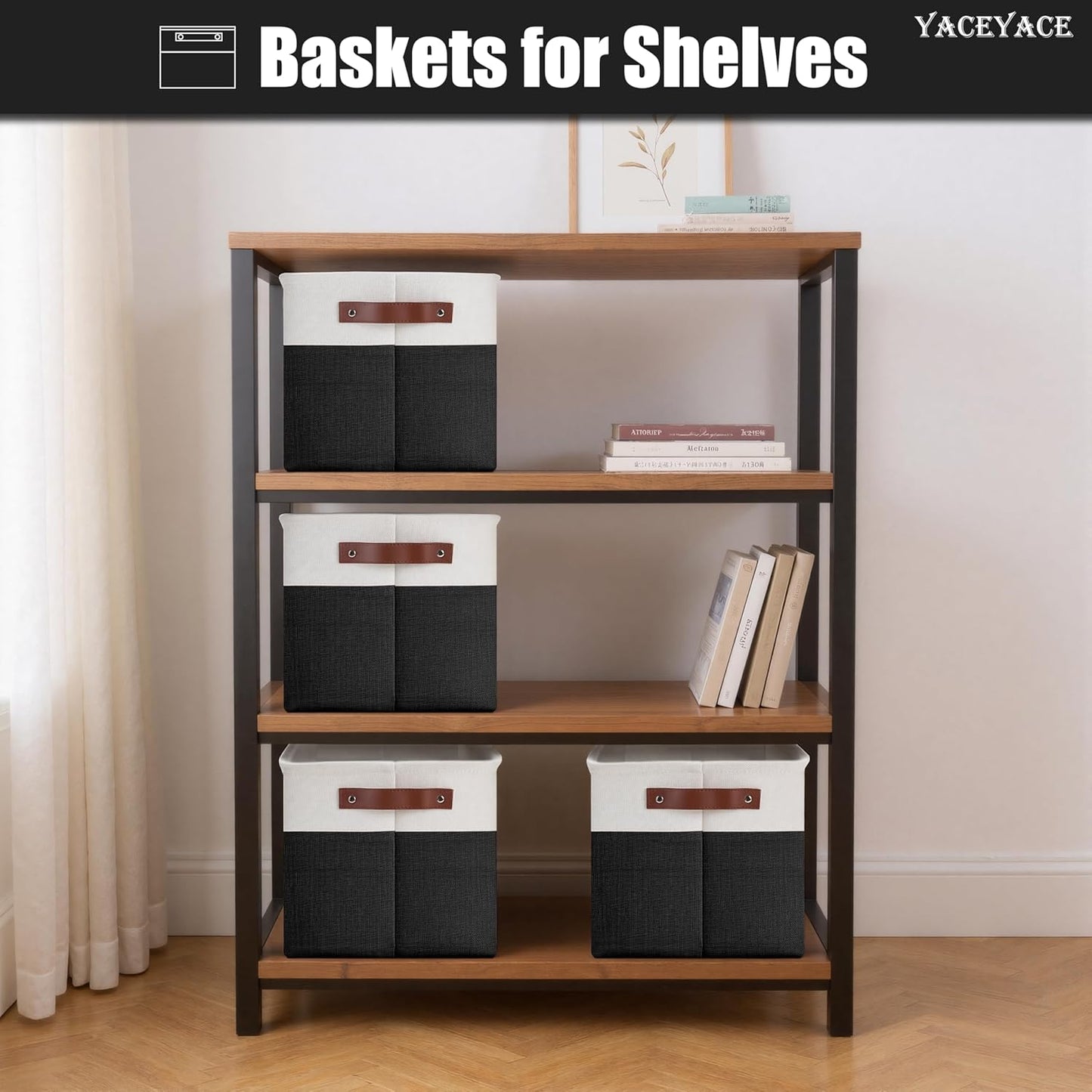 Storage Baskets, 4 Pack Linen Fabric Storage Bins for Shelves, Foldable Baskets with Handles for Home Organization, 15"x11"x9.5"