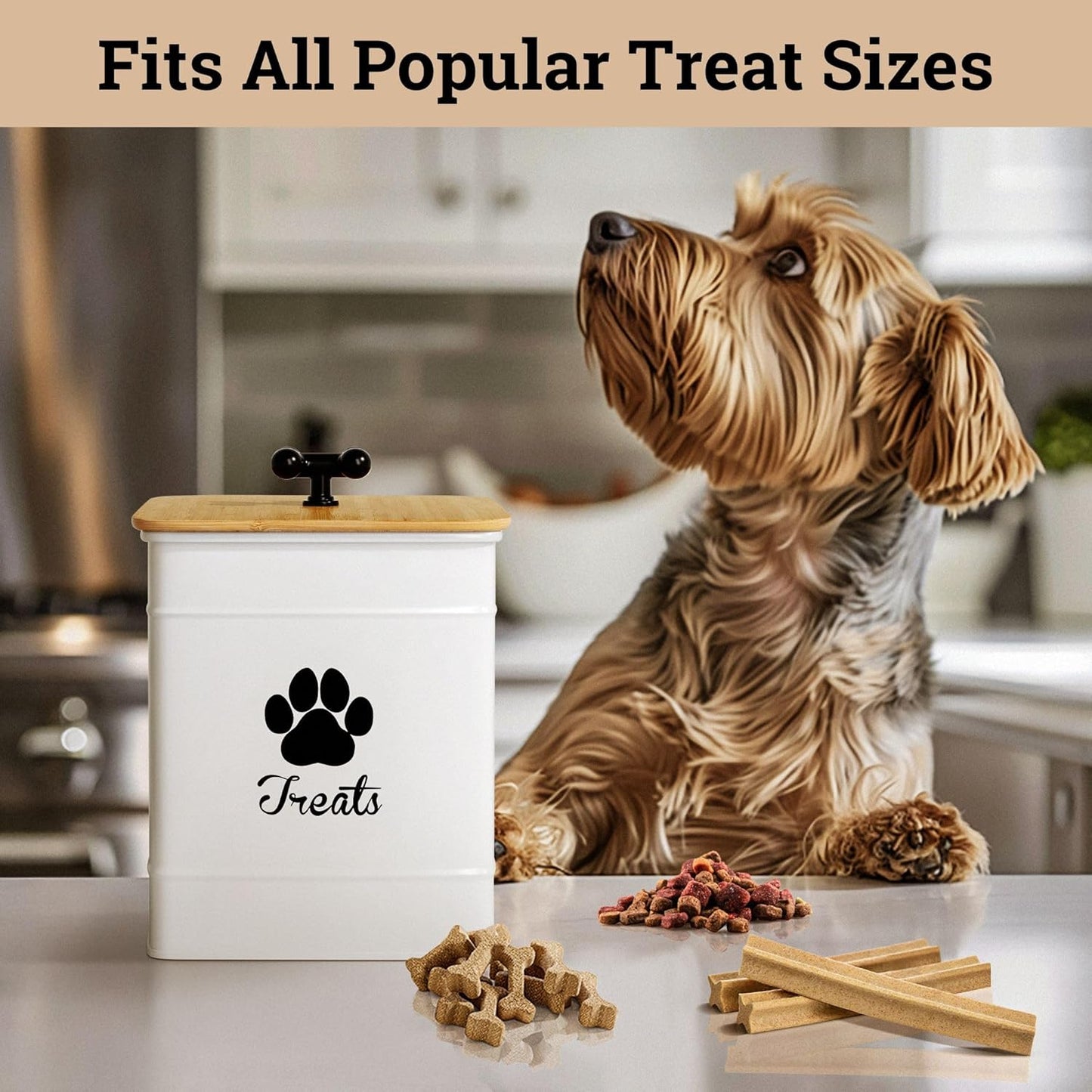 Dog Treat Container Airtight - 6 Inch Wide x 8 Inch Tall Iron Dog Treat Jar for Kitchen Counter with Airtight Bamboo Lid - 12 Cup Capacity Pet Treat Container - Doggie Cookie Jar - Big Treats Canister
