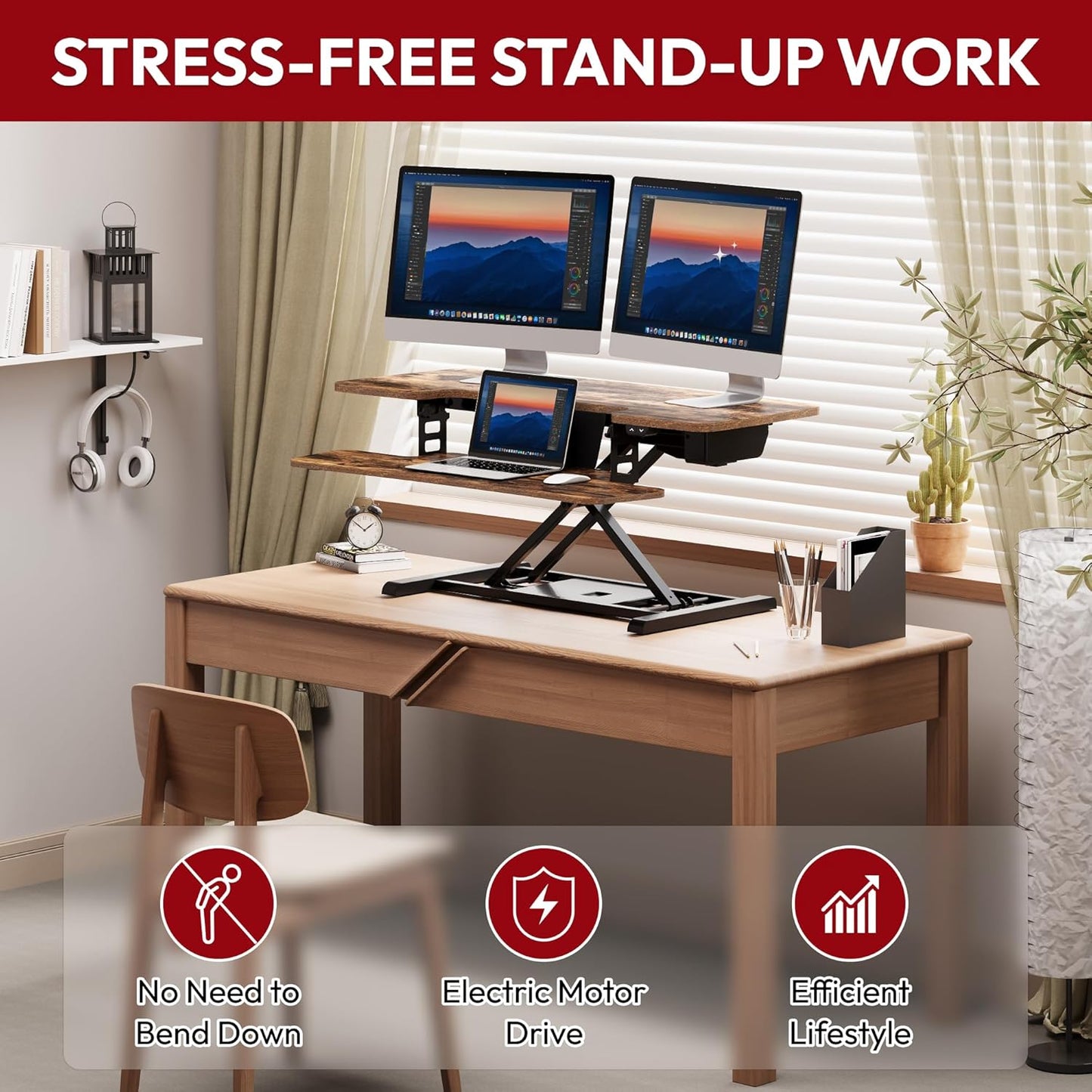 SANODESK Standing Desk Converter with Electric Motor 40" Height Adjustable Riser for Office Home,Dual Monitor and Laptop Workstation with Large Keyboard Tray, Rustic Color