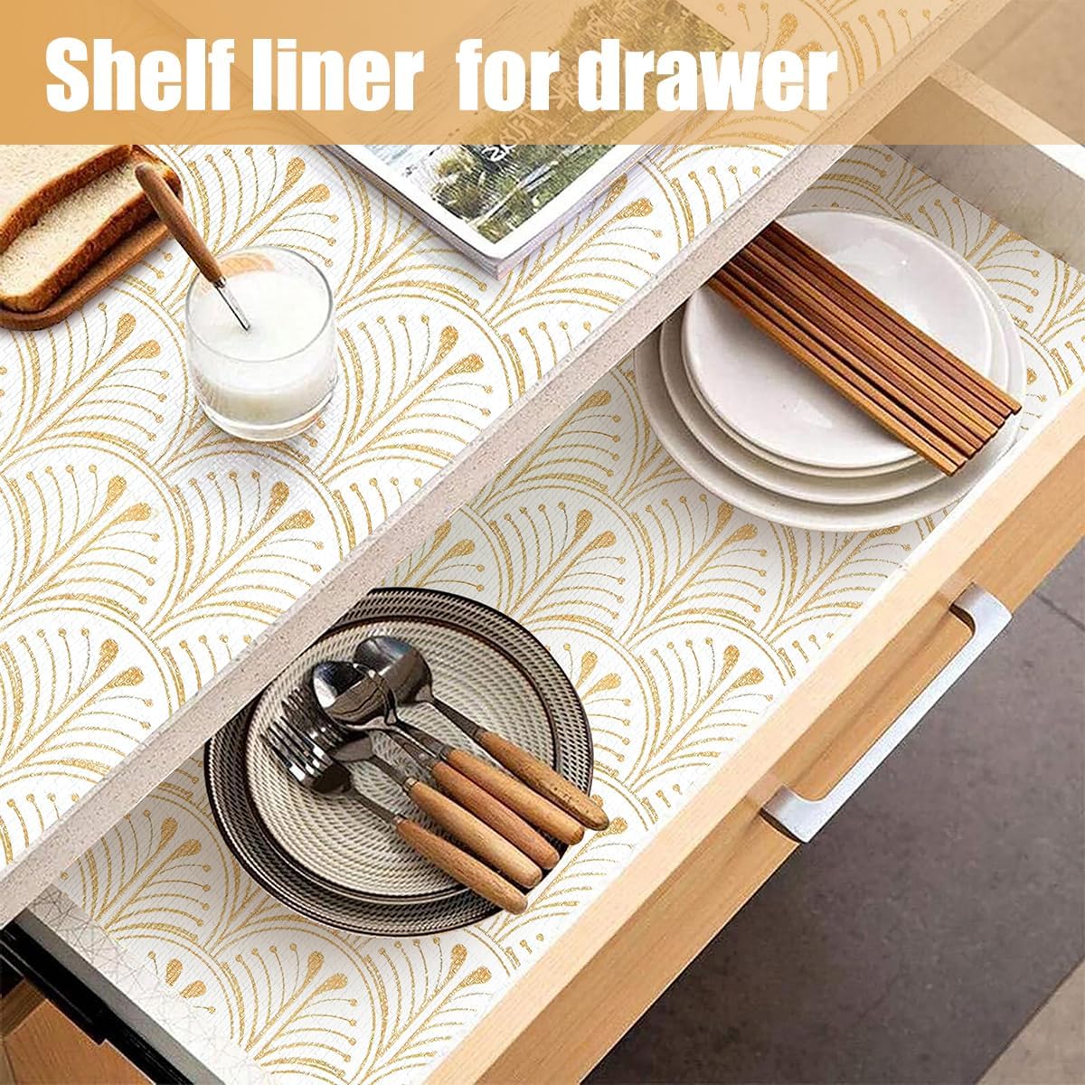 Drawer and Shelf Liner for Kitchen Cabinets, Non-Adhesive Shelf Liners Non-Slip Drawer Liners Gold Thick Strong Grip Kitchen Cabinet Liner Waterproof Washable Mats Protect 12IN × 10FT