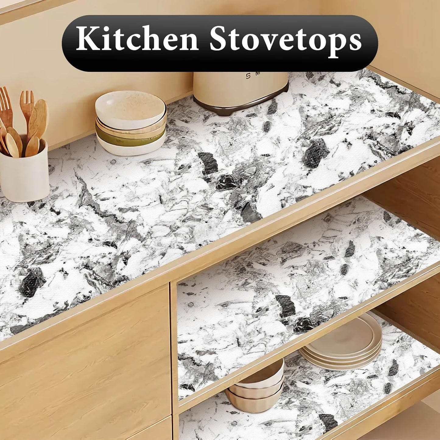 Drawer and Shelf Liner for Kitchen Cabinet: 17 in X 20 Ft Non Slip Waterproof Shelf Paper Non Adhesive Refrigerator Liners Grey and White Marble Easy Liners for Bathroom with Knife Tape Measure