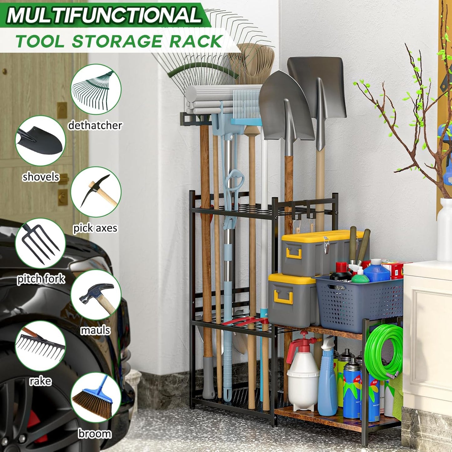 Garage Tool Organizer with 2-tier Wooden Shelves, Yard Tool Organizer for Garage with 6 Hooks, Heavy duty Steel Garden Tool Rack Holds up to 35 Long Handled Yard tools for Storage, Black