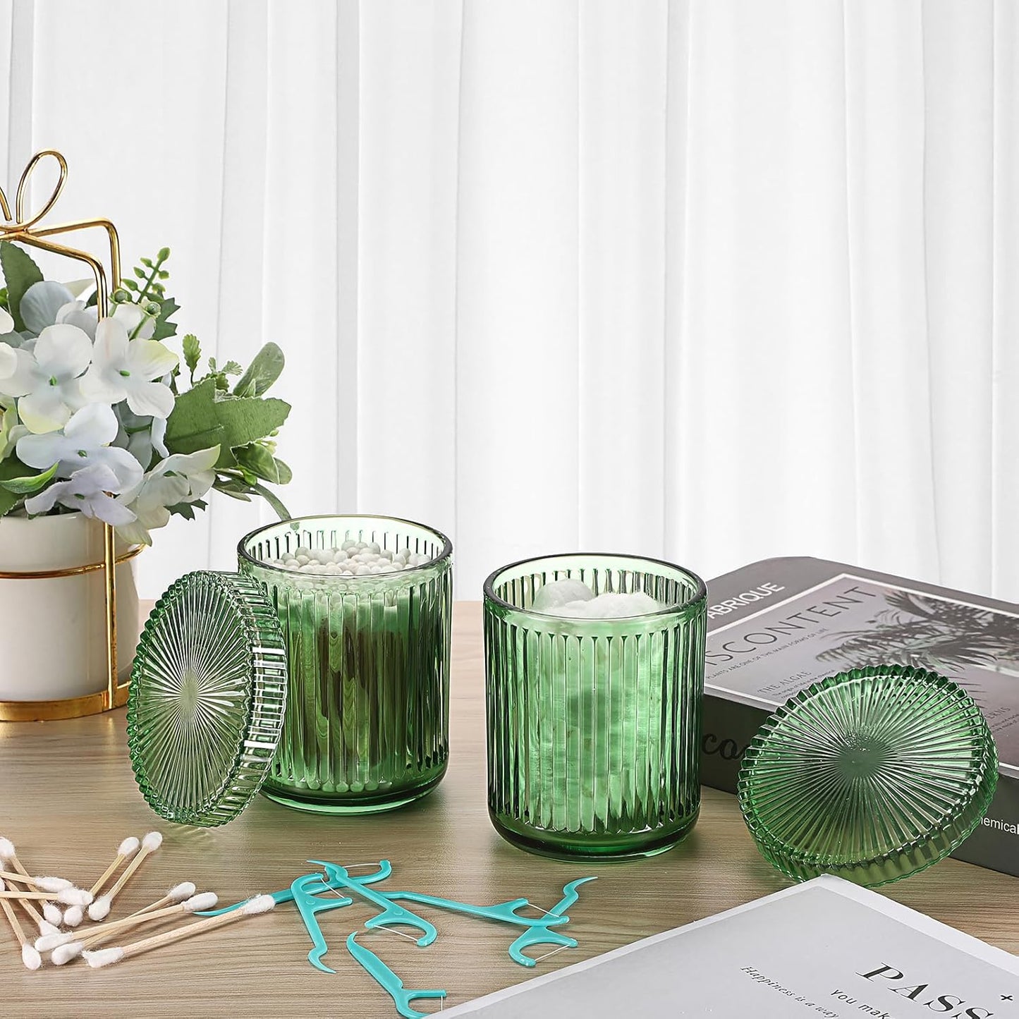 2 Pack Glass Qtip Holder with Lid, Qtip Dispenser Bathroom Storage Jars- Glass Apothecary Jars for Cotton Ball, Swab, Pads, Floss Picks, Bathroom Accessories Organization and Vanity Organizer(Green)