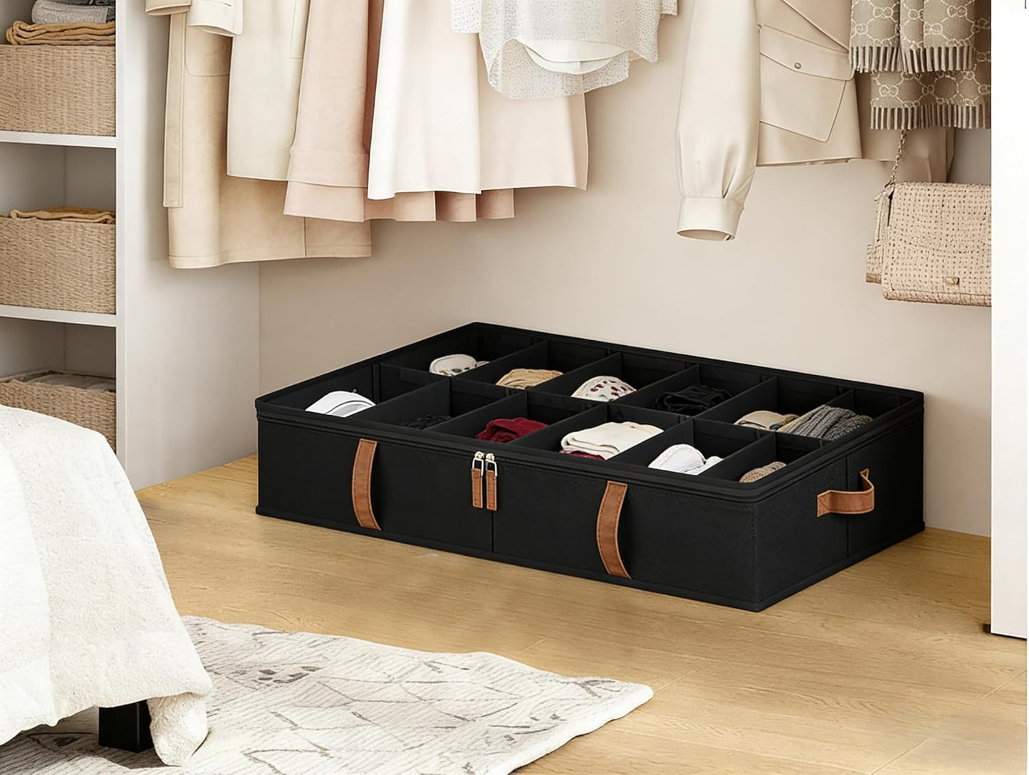StorageWorks Shoe Organizer for Closet, Fits up to 24 Pairs, 2-Pack Ultra-thick Fabric Under Bed Shoe Storage Containers with Bottom Support and Adjustable Dividers, Black