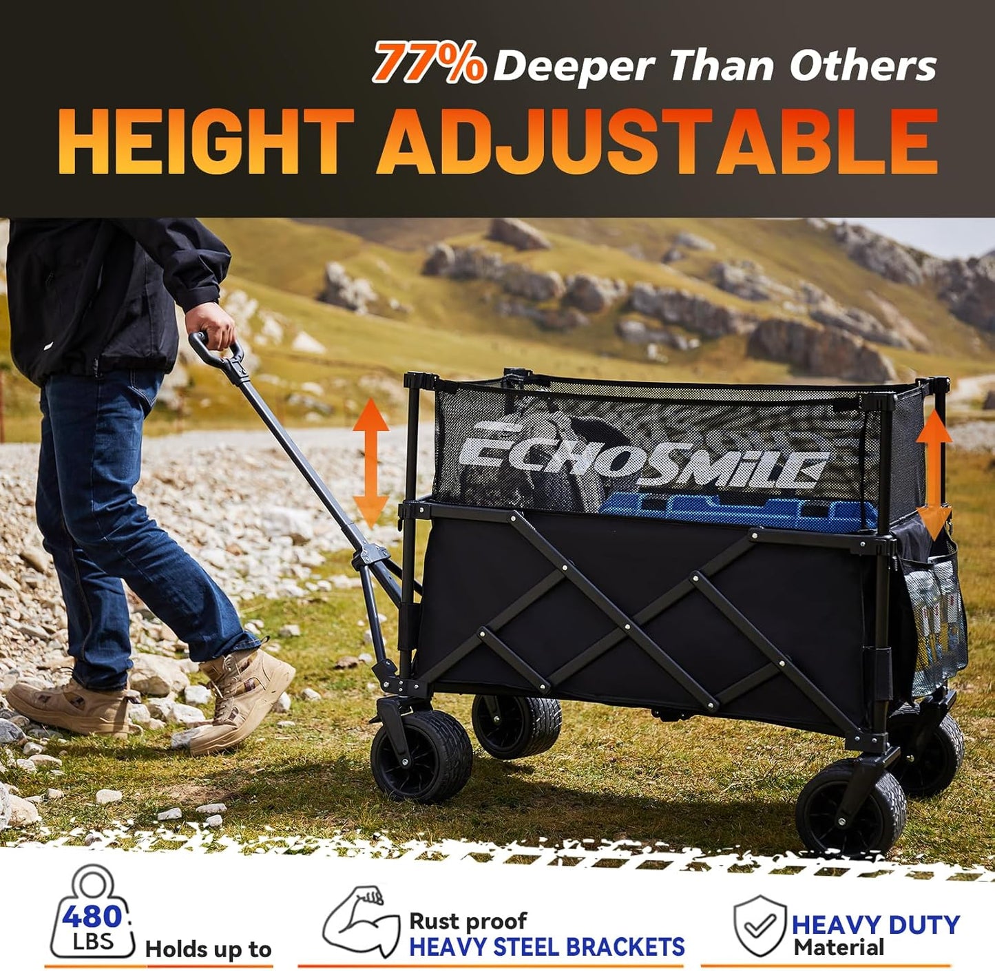 EchoSmile Collapsible Folding Wagon Cart with Mesh Fabric - 480lbs Capacity 2-in-1 Heavy Duty Utility Wagon for Camping, Beach, Grocery &Shopping