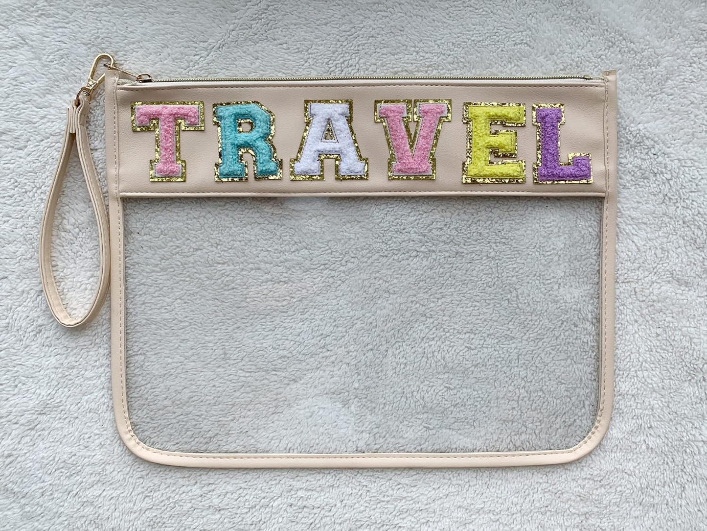 TopTTanBo Chenille Letter Clear Bag Purse Multi-purpose Transparent Waterproof Snacks Makeup Tote Bag with Wrist Strap