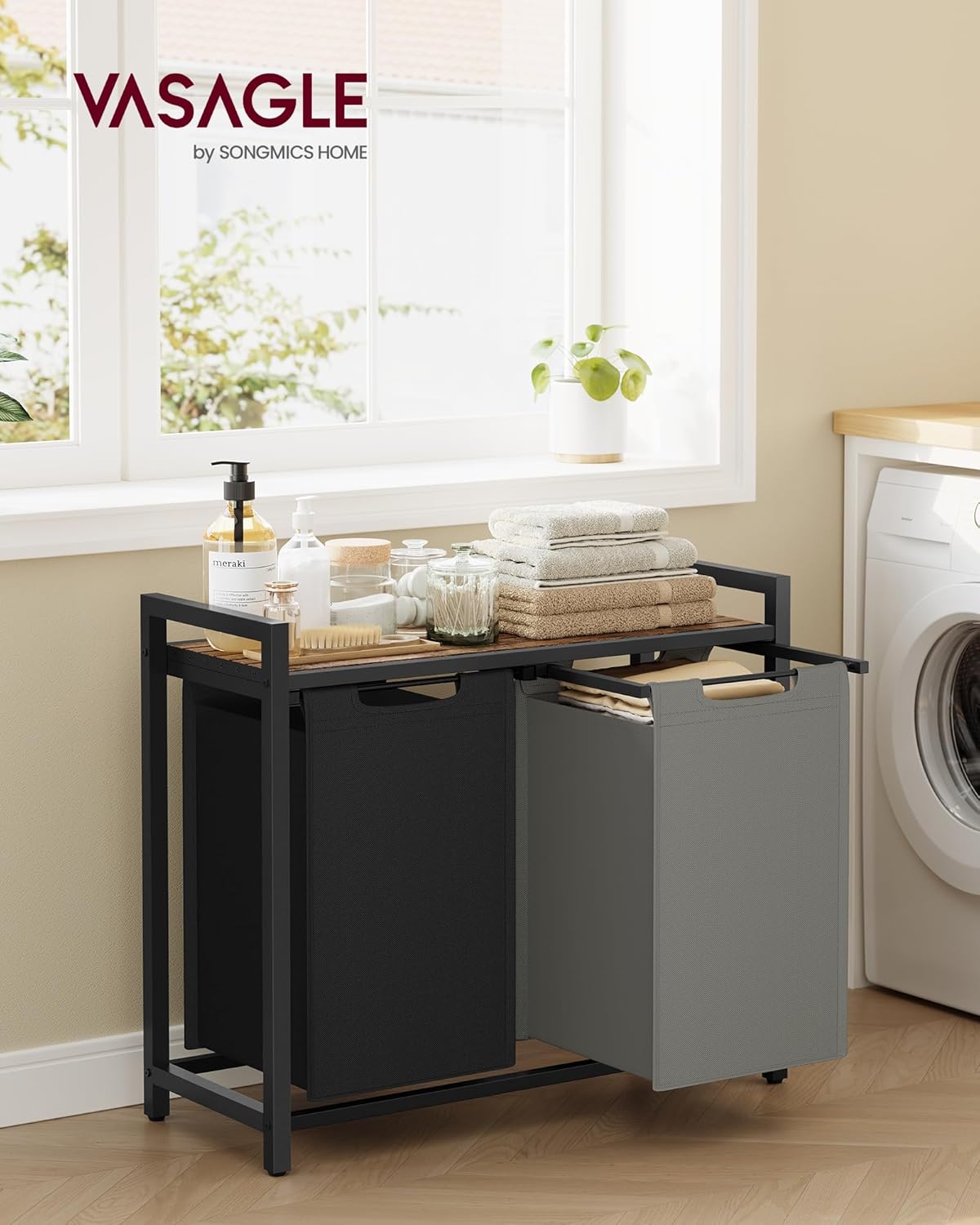 VASAGLE Laundry Hamper, Laundry Basket, Laundry Sorter with 2 Pull-Out and Removable Bags, Shelf, Metal Frame, 2 x 12.1 Gallons (46 L), 28.8 x 13 x 28.4 Inches, Bicolor and Rustic Brown UBLH201X01