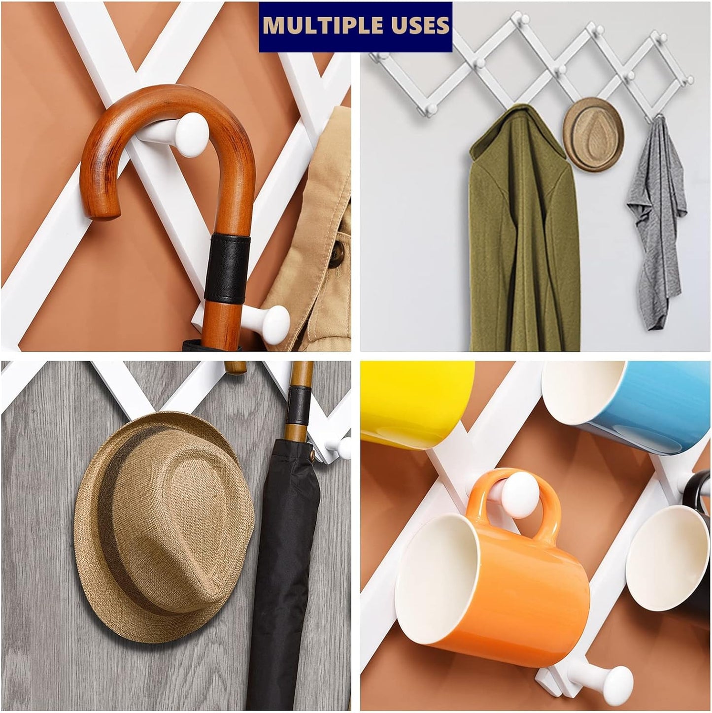 Amber Home Wood Accordion Wall Rack 13 Hooks (Pegs), Expandable Wall Mounted Hanger for Coat, Hat, Scarf, Coffee Mugs, X Shape Coat Hooks (White Color)