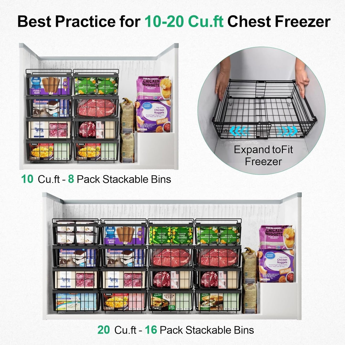 iSPECLE Freezer Organizer Bins - Fit 10 to 20 Cu.FT Deep Freezer, 4 Pack Large Expandable Stackable Chest Freezer Organizer Bins Sort Frozen Food and Easily Get without Digging in the Freezer, Black