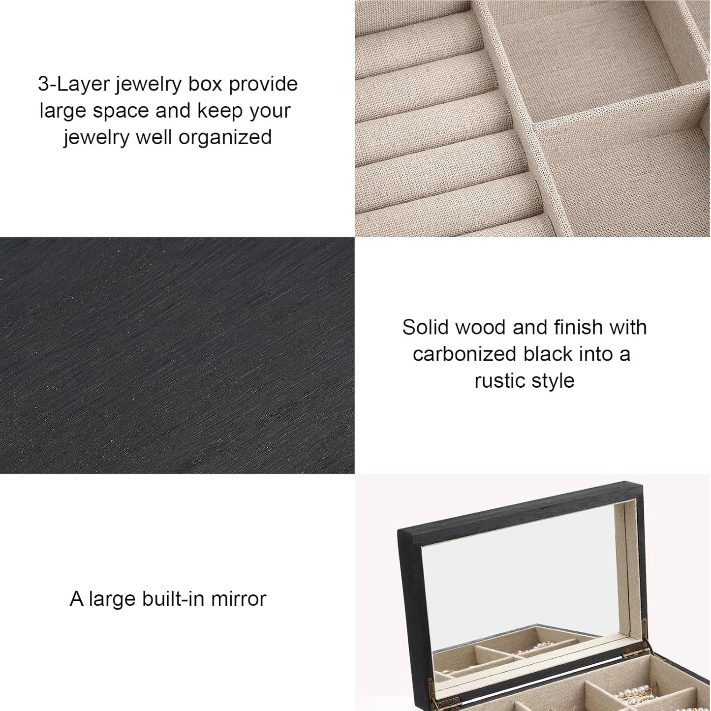 Meangood Jewelry Box Organizer for Women, 3 Layer Large Jewelry Storage Case, Rustic Wooden Jewelry Box with Mirror & Ring Tray for Necklace Earring Bracelets Rings, Vintage Style (Black)