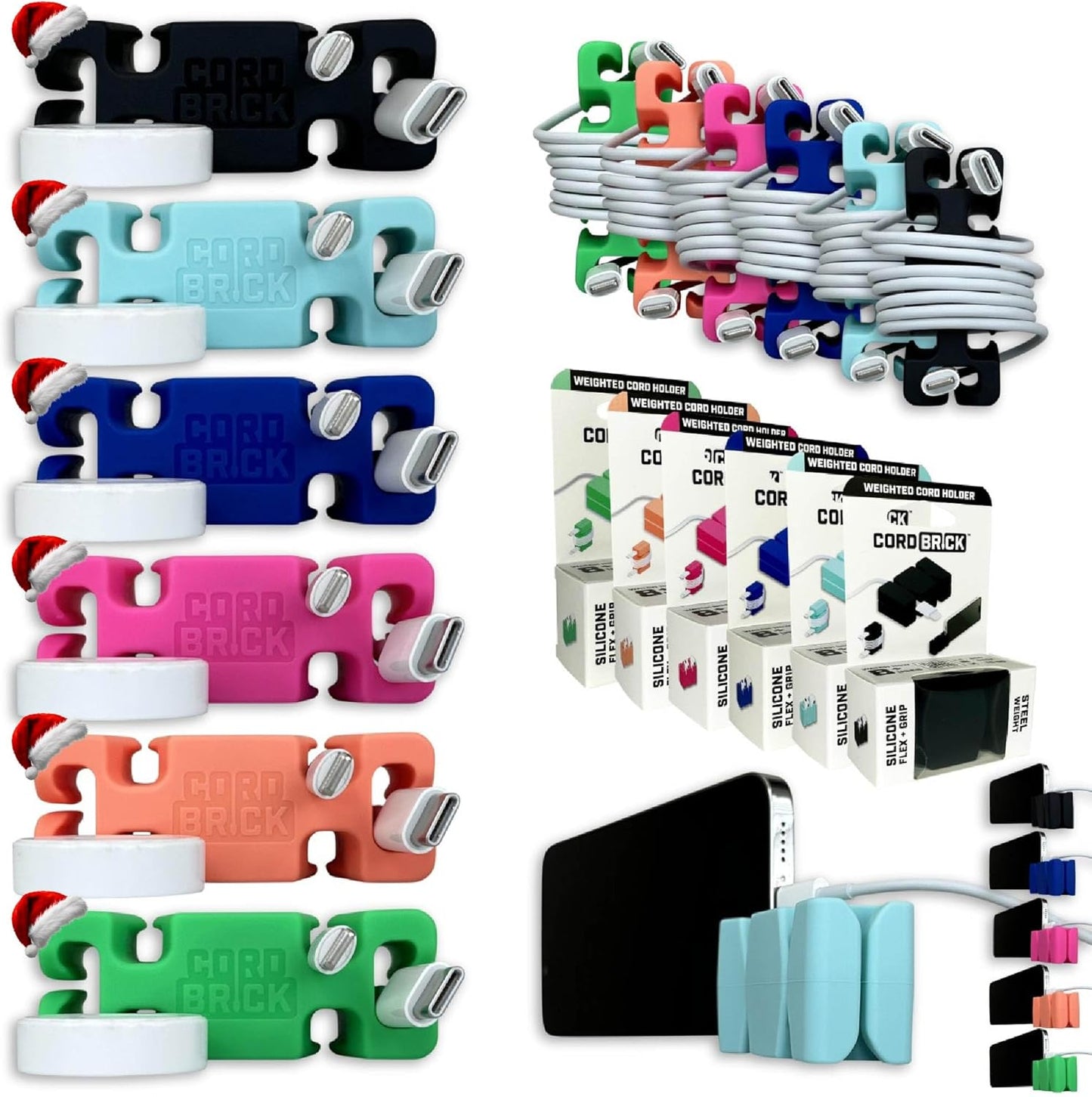 CordBrick Stocking Stuffers for Adults Cord Management Weighted Cord Holder Cable Wrap Phone Stand - Multiuse Gadget Organizer for Nightstand, Desk. Gift for Men, Durable Silicone. 6pk Asst Neutrals