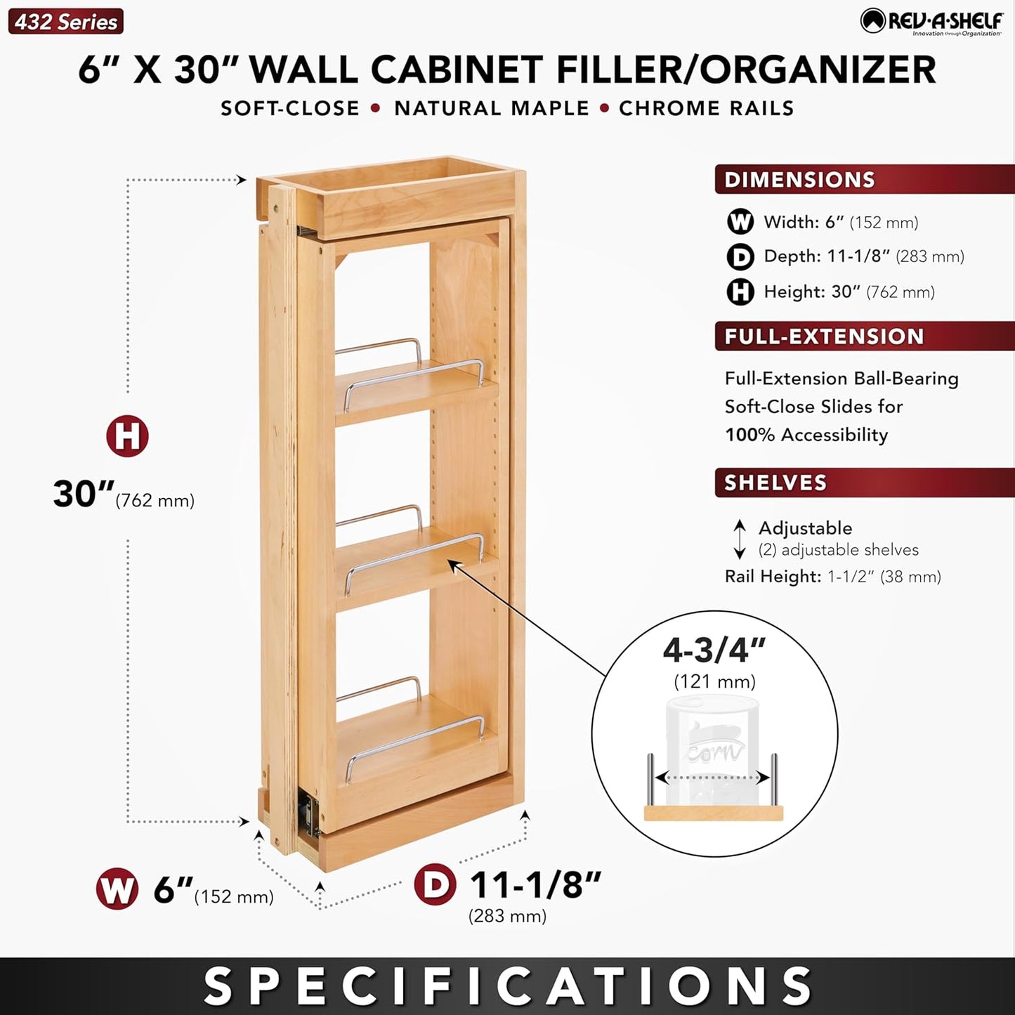 Rev-A-Shelf Kitchen Cabinet Pullout Wall Filler Wooden Organizer Slide Out Pantry Storage w/Soft-Close in Multiple Sizes, Maple Wood, 432-WFBBSC30-6C