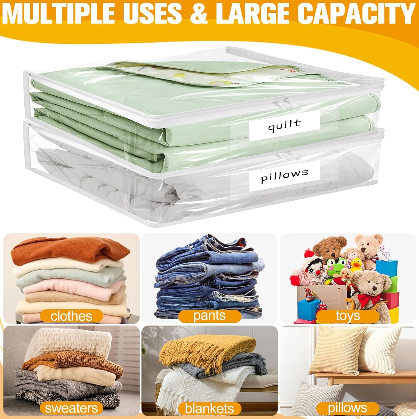 Plastic Storage Bags with Easy-Glide Zipper, Pack of 8, Durable Clear Vinyl Zippered Storage Bags for Clothes Sweaters Comforters Blankets Sheets Bedding (12 x 12 x 3.9 Inch)