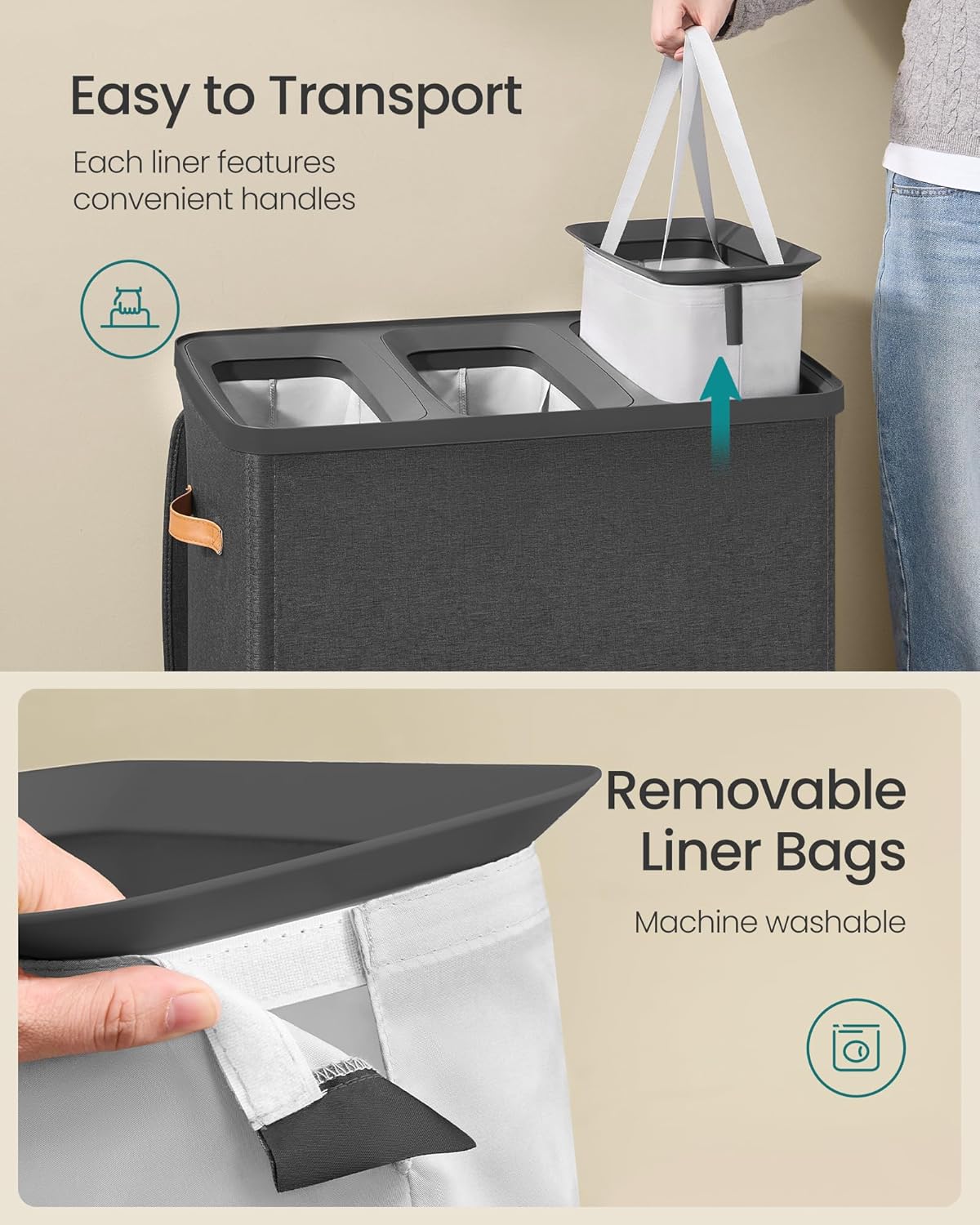 SONGMICS Laundry Basket, 50.2 Gal. Laundry Hamper, 3 Compartments, Easy Assembly, with Lid and Handles, Removable Liners, 25.2 x 15.7 x 29.5 Inches, Ink Black ULCB814BH01