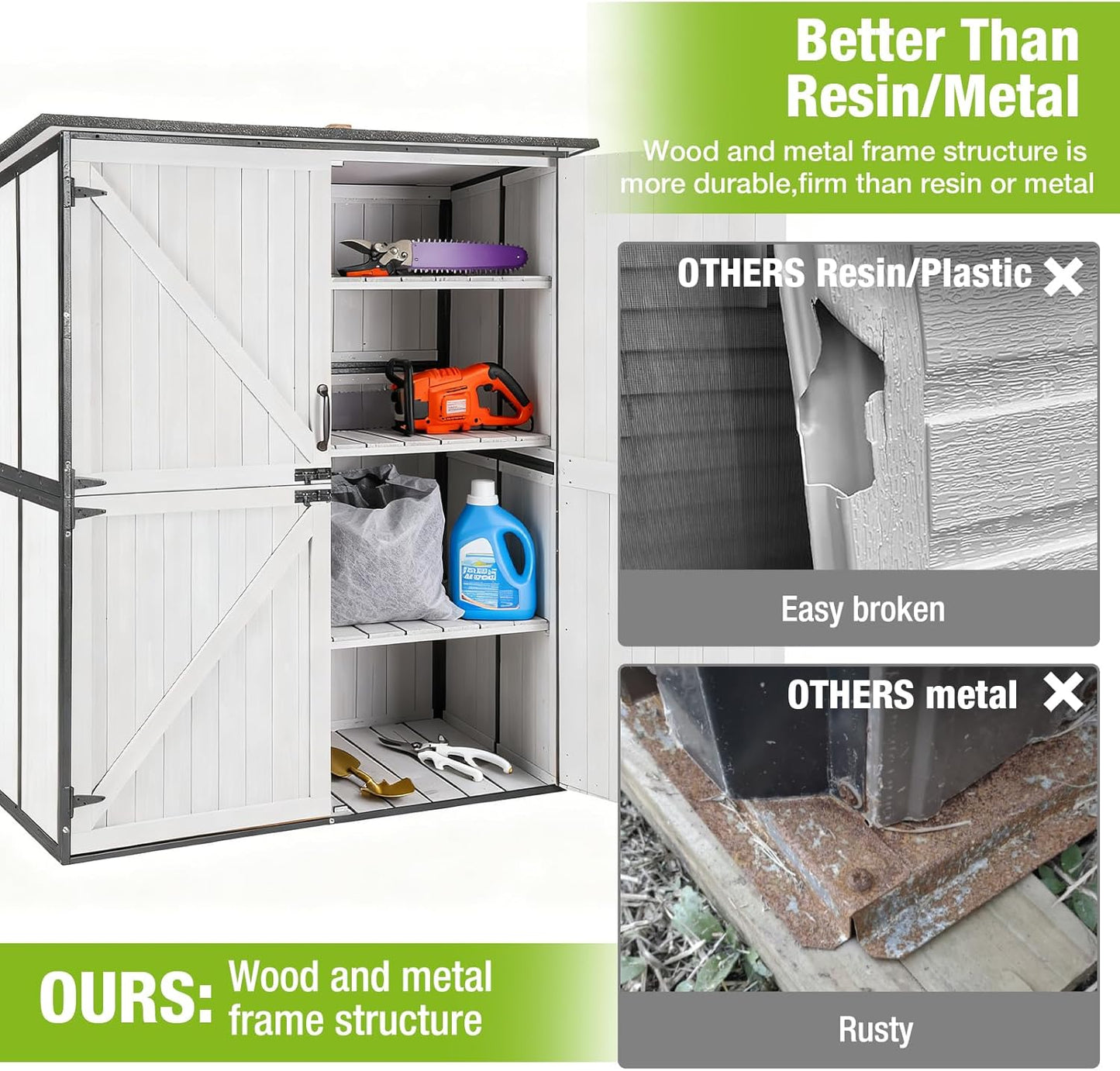 GUTINNEEN Outdoor Storage Cabinet Durable Metal Frame and Solid Wood Vertical Tool Shed with 3 Adjustable Height Shelves and Bottom Floor for Patio, Garden, Backyard, 55" L x 29" W x 67" H