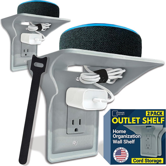 BeraTek Power Perch Wall Outlet Shelf | Declutter & Reclaim Counter Space | Bedroom & Bathroom Organizing Shelves | Alexa Echo Dot Holder, Router Shelf, Holds Electric Toothbrush | Gray, 2-Pack