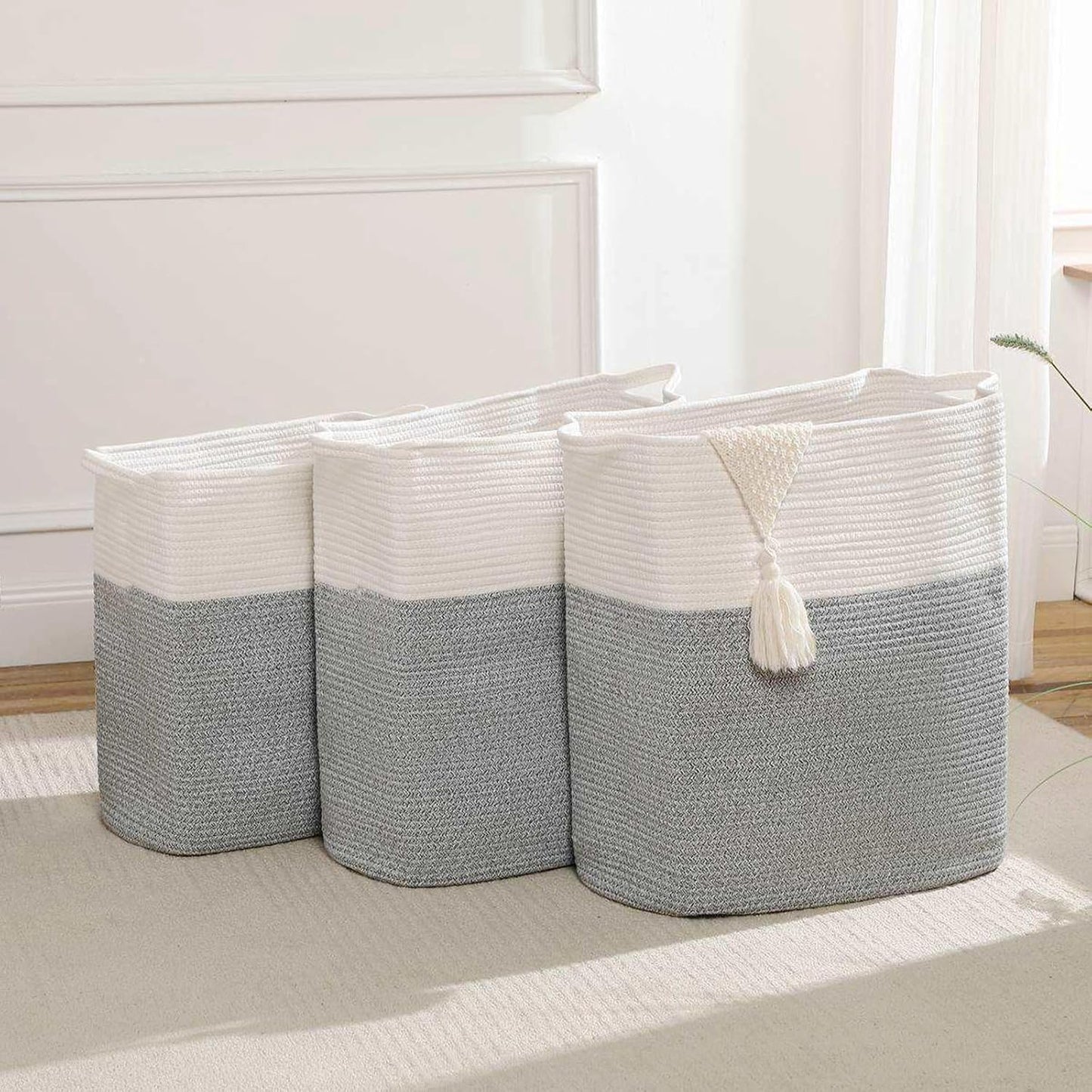 Tall Laundry Basket With Handles,Woven Cotton Rope Big Laundry Hamper Sorters,Versatile Storage for Dirty Clothes,Baby Toys,and Blankets in Bathroom, Nursery,and Living Room (Silver Gray, 80L)