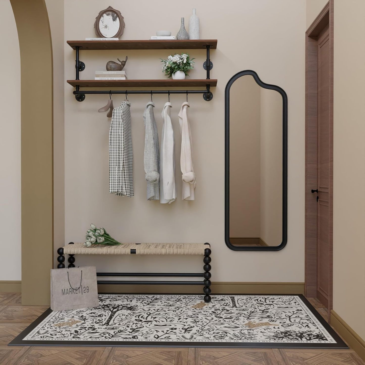Clothes Rack 42in, 2 Tier Wall Mounted Garment Rack with Real Wood Shelf, Heavy Duty Hanging Clothes Rack, Multi-Purpose Hanging Rod, Space-Saving Closet Storage